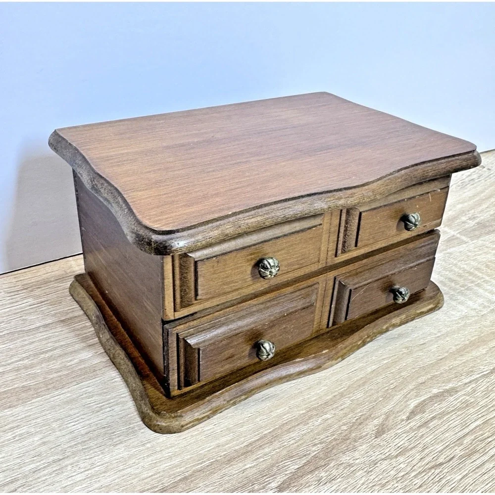 Wooden Jewelry Box Mini Chest 4 Drawer Mirror Top Trinket Storage